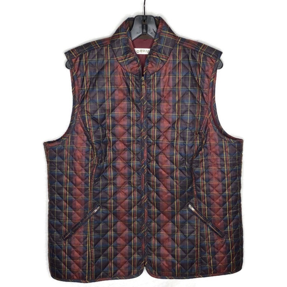 Orvis Vest Womens XL Red Green Plaid Quilted Sleeveless Vented Back Pullover